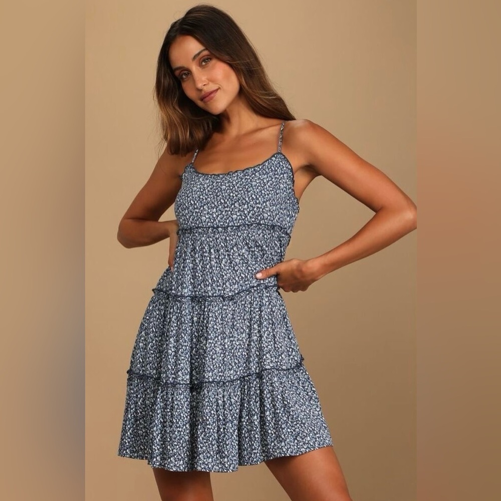 Lulus Sitting in the Sun Navy Blue Floral Print Ruffled Babydoll Dress -Size S